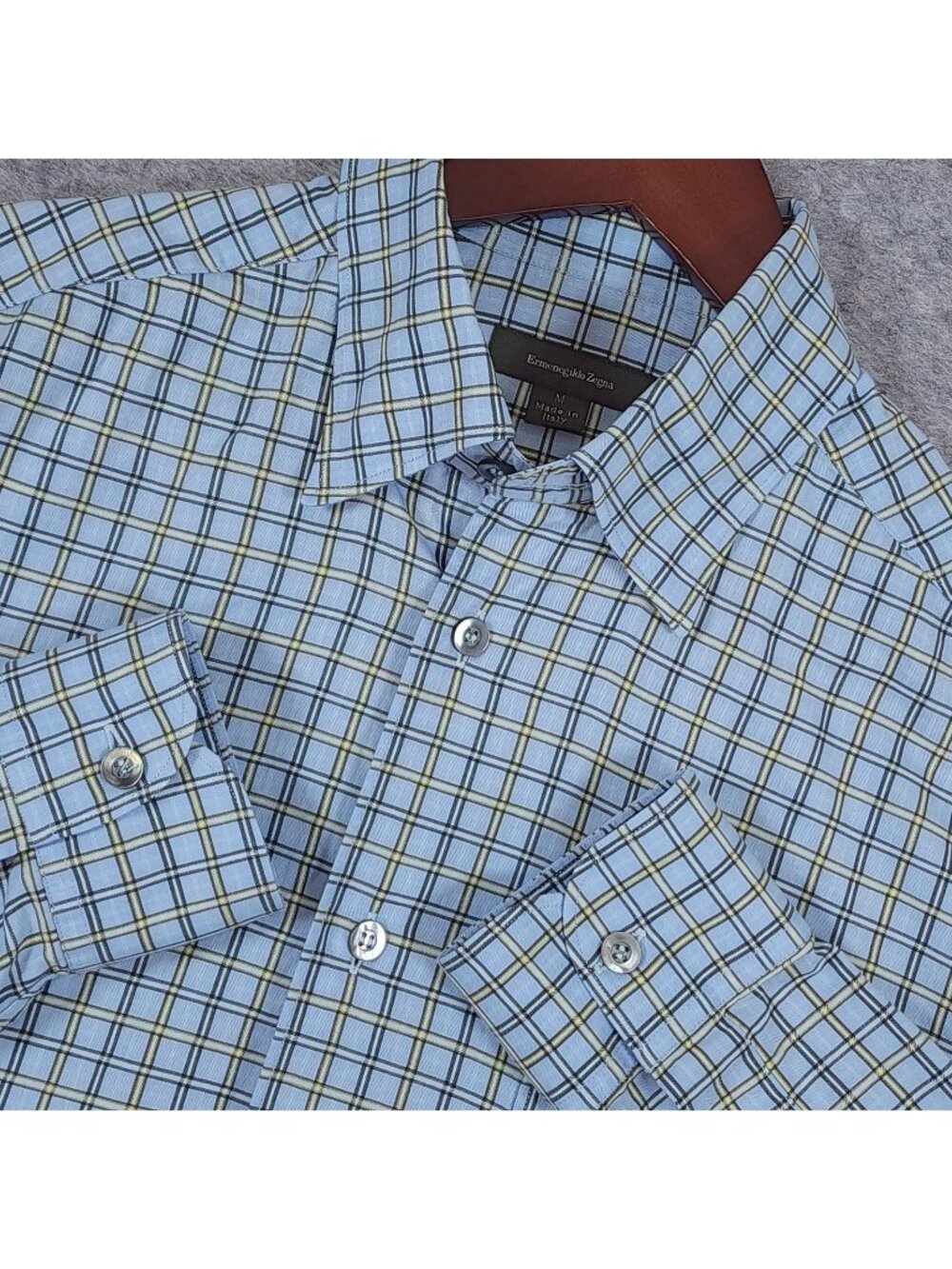 Ermenegildo Zegna Mens Shirt Medium Blue Windowpane Check Twill Made in Italy